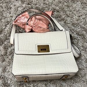 Sam Edelman White Croc-Embossed Satchel with Pink Scarf